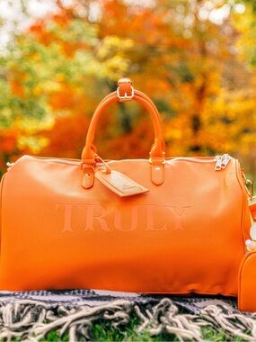TRULY Orange Leather Duffel Bag with Detachable Shoulder Strap
